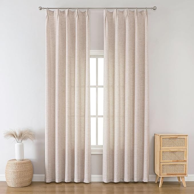 Dark Oatmeal Thick Linen Semi Sheer Curtains 108 Inches Long, Farmhouse Light Filtering Drapes Set of 2, Floor to Ceiling Pinch Pleat Curtain with Hooks