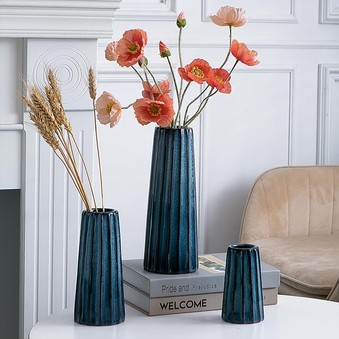 Blue Ceramic Vases - 3 Small Ribbed Vase for Flowers, Modern Minimalist Home Decor, Decorative Pottery Glazed Vase for Bookshelf, Fireplaces and Entryway Decor, Centerpieces for Dining Table