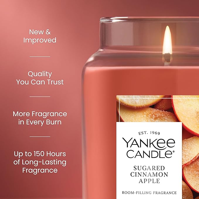 Yankee Candle Large Jar Scented Candle with up to 150 Hour Burn Time, Premium Plant Wax Blend for Consistent Burn, 22 oz Jar Candle with Room Filling Fragrance, Sugared Cinnamon Apple