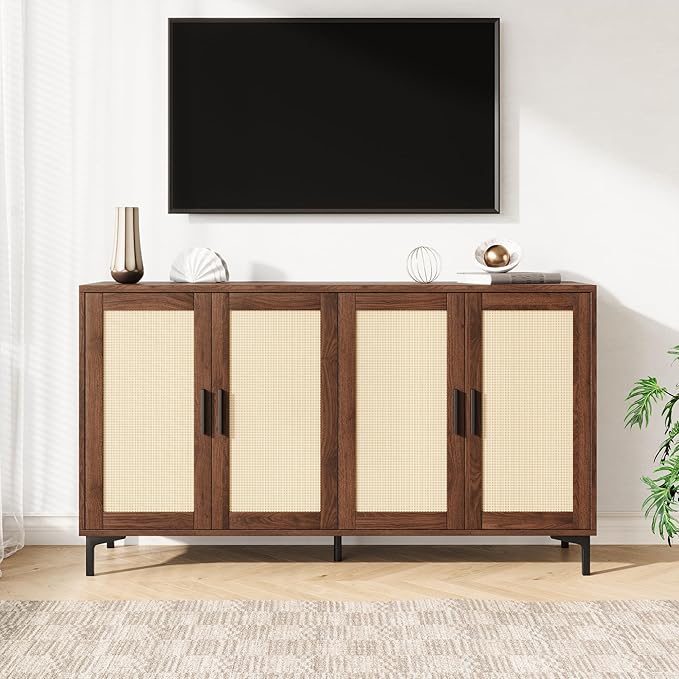 Modern Rattan Decor Sideboard - 42"W x 34.66"H x 15"D, Brown, 4 Doors, 3 Adjustable Shelves, Kitchen Buffet Cabinet, Dining Room, Living Room