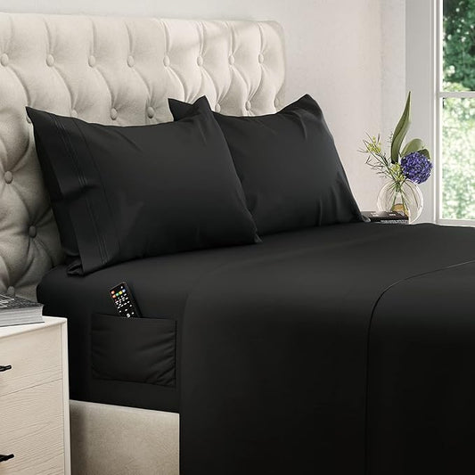DREAMCARE Twin XL Sheet Set - Cooling Bed Sheets - 4pc Set - up to 15" Deep Pocket - Soft & Long Lasting 100% Fine Brushed Polyester with Side Pocket - Black