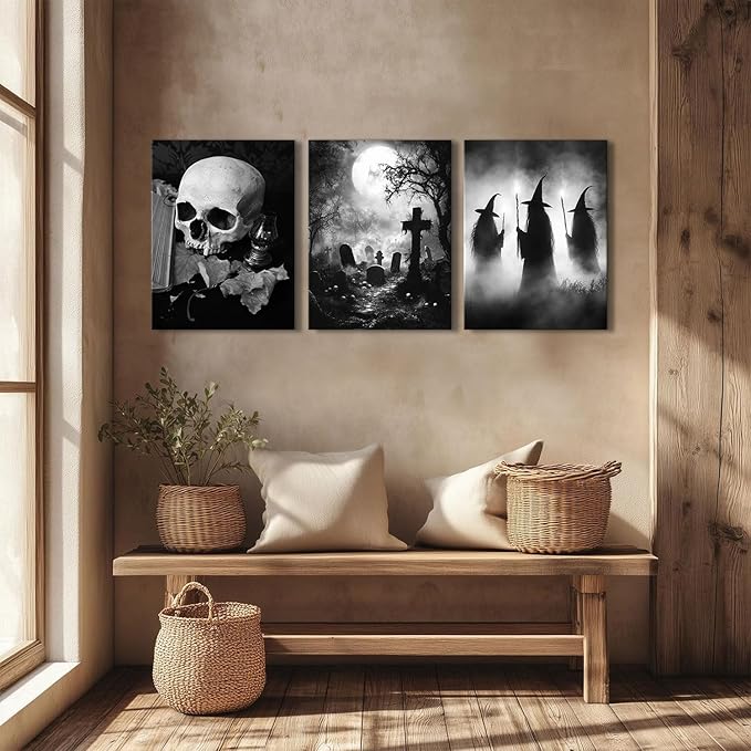 Halloween Wall Art Skull Wall Decor Creepy Witches Tomb Pictures Canvas Prints for Bedroom Living Room Decorations Vintage Gothic Wall Decor Dark Academia Paintings Spooky Posters Artwork 12x16” 3Pcs