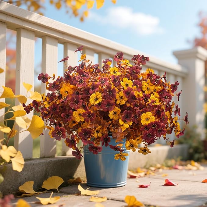 16 Bundles Artificial Fall Mums with Eucalyptus, Faux Daisy UV Resistant Outdoor Decor - Autumn Orange Flowers for Front Door Porch Planter, Patio, Thanksgiving Christmas (Fall Yellow&Red)