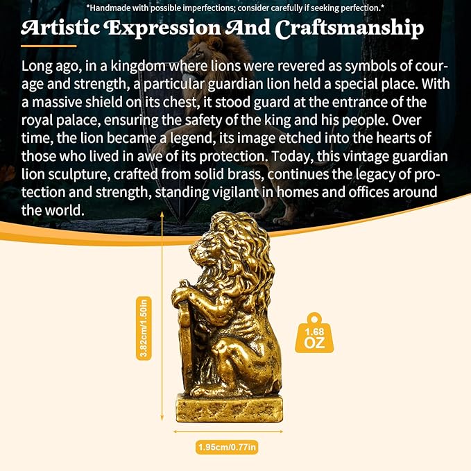 CHOVY Retro Handcrafted Guardian Lion Sculpture - 100% Solid Brass Majestic Lion Holding Ornate Shield Vintage Style Collectible Art Piece for Home & Office | Unique Gift for Mythology Lovers