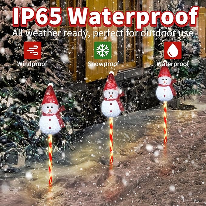 Set of 3 Snowman Solar Christmas Decorations, 8 Modes Solar Garden Lights, Candy Cane Christmas Stake Light, Outdoor Xmas Decor for Yard, Patio, Pathway (White)