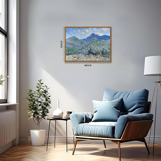 Vintage Framed Monet Wall Art – Impressionist Blue Green Forest Oil Painting Canvas Prints – Tranquil Nature Hillside Landscape Aesthetic Wall Decor for Living Room Bedroom Bathroom – 12"x16"