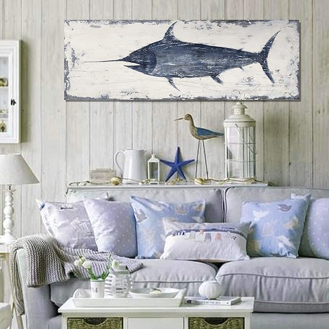 NdcSkyArt Vintage Style Swordfish Wall Art, Nautical Decor for Home & Office, Blue and White Coastal Painting