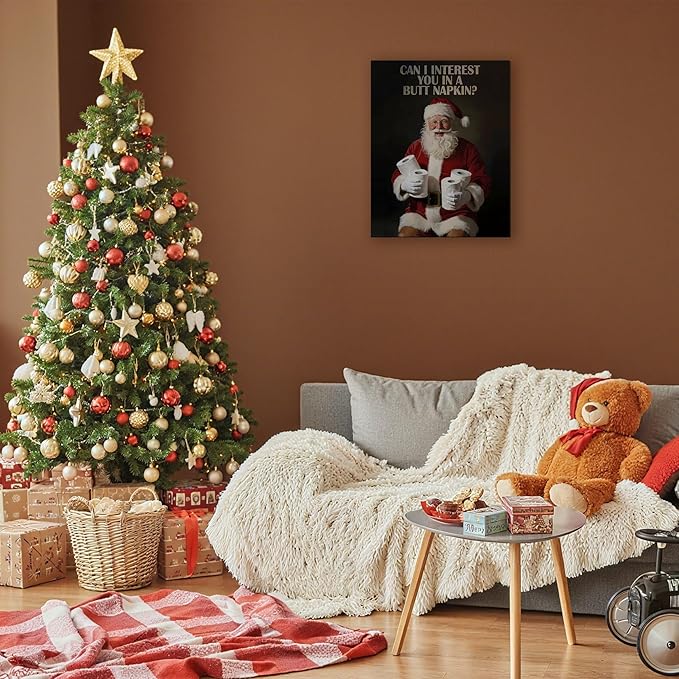 FITIE Black Santa Bathroom Christmas Canvas Wall Art Poster, Funny Humorous Holiday Winter Christmas Framed Artwork Prints Wall Decor for Bathroom Washroom Restroom Toilet, 11x14 Inch