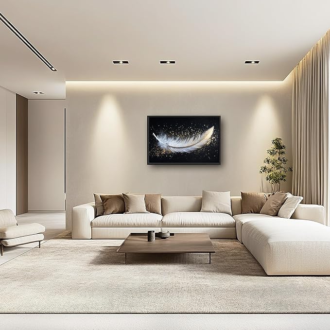 Flintis Large Feather Framed Wall Art White and Gold Feather Pictures Wall Decor Abstract Modern Canvas Painting Print Artworks Decor Framed for Living Room Bathroom Master Bedroom 36L X 24W