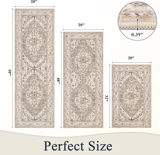 Pauwer Kitchen Mats for Floor 3 Piece Set Boho Non Slip Kitchen Rugs Washable Farmhouse Kitchen Floor Mats Thick Long Kitchen Throw Area Rug Carpet Runner for Hallway Laundry Bathroom, Brown Beige