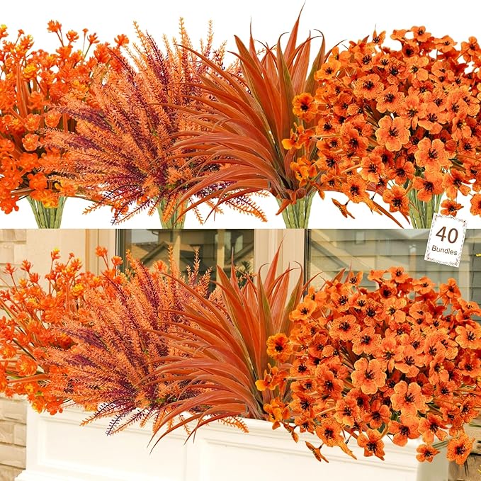 Agusbagli 40 Bunches Artificial Fall Outdoor Flowers Fake Autumn Boxwood Plants UV Resistant Plastic No Fade Faux Fall Flowers Arrangements for Thanksgiving Autumn Weddings Porch Indoor Home Decor