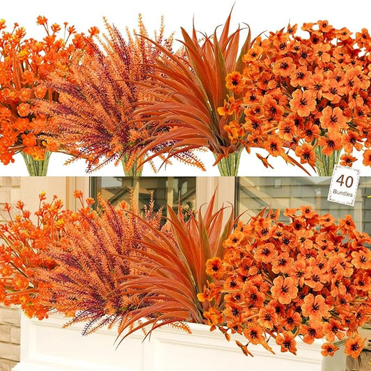 Agusbagli 40 Bunches Artificial Fall Outdoor Flowers Fake Autumn Boxwood Plants UV Resistant Plastic No Fade Faux Fall Flowers Arrangements for Thanksgiving Autumn Weddings Porch Indoor Home Decor