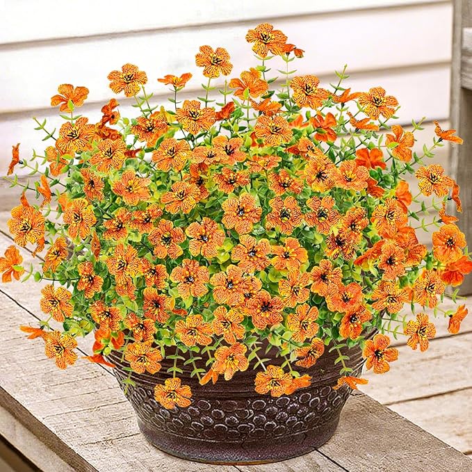 Agusbagli 24 Bundles Artificial Fall Flowers Outdoor UV Resistant Autumn Fake Flowers No Fade Faux Plastic Greenery Shrub Plants for Wedding Garden Window Box Fireplace Home Decor, Orange