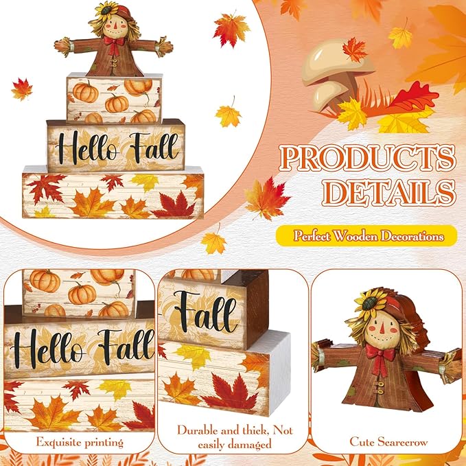 4 Pcs Fall Decor for Home Scarecrow Pumpkin Wooden Signs with Sayings Autumn Scarecrow Tiered Tray Decor Hello Fall Tabletop Centerpiece Maple Leaf Block Signs for Thanksgiving Office Kitchen Shelf