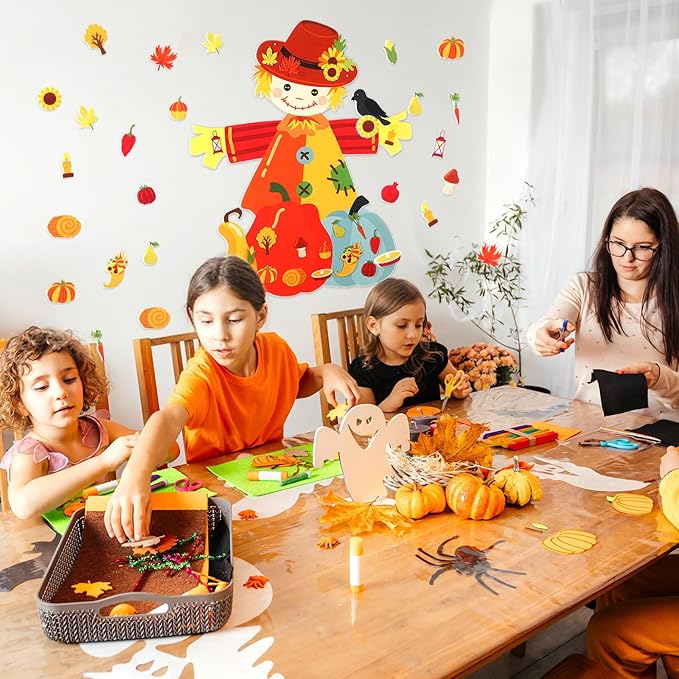 Thinkday 37-Piece Fall Thanksgiving Felt Craft Kit, DIY Pumpkin Felt Set DIY, Pumpkin 36 Detachable Fall Squirrel Pine Cones Corns Ornaments for Playing(Scarecrow)