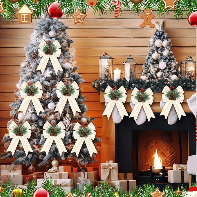Syhood 6 Pcs Christmas Velvet Bow with Pine Cones Pine Needles Berries Xmas Champagne Ribbon Bow Ornaments 6.3 x 5.1 Inch for Christmas Tree Wreath Garden Fireplace Crafts DIY Decor