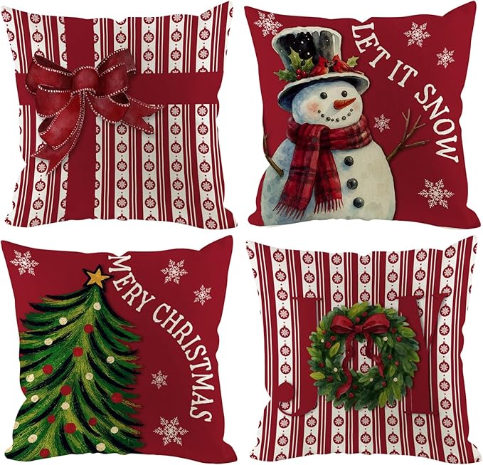 Christmas Pillow Covers 18x18 inch Set of 4, Holiday Winter Outdoor Red Plaid Vintage Tree Snowflake Xmas Snowman Farmhouse Burgundy Seasonal Burlap Decorations for Sofa Couch