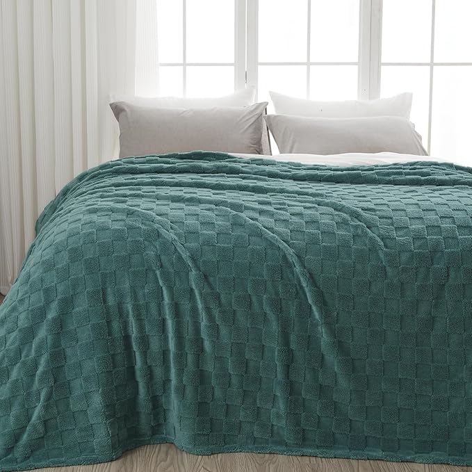 NEWCOSPLAY Super Soft Queen Blanket Light Teal Premium Silky Flannel Fleece 3D Checkered Lightweight Bed Blanket All Season Use (Light Teal Checkered, Queen(90"x90"))