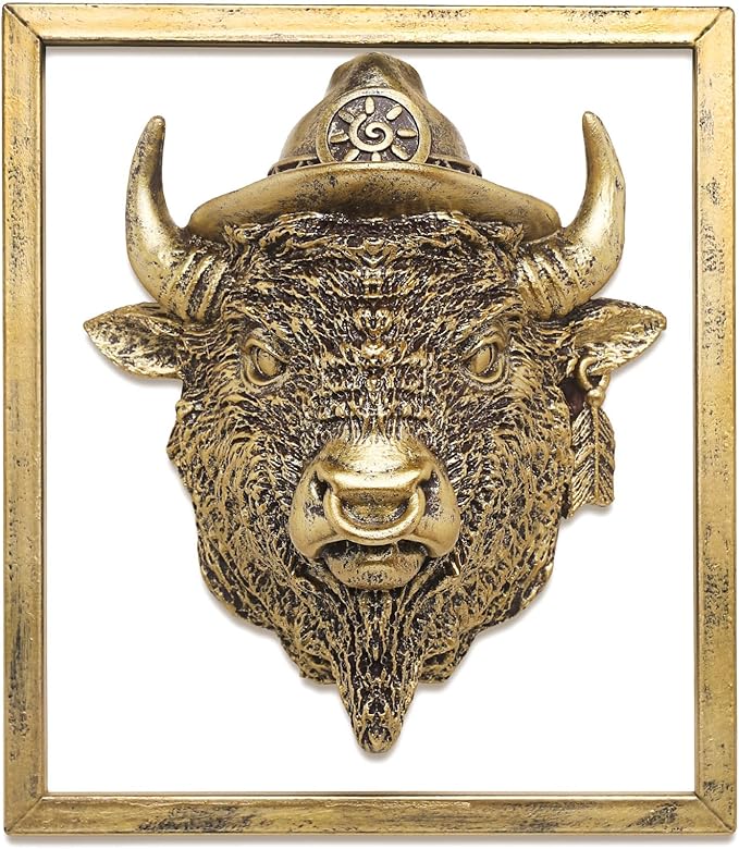 Animal Heads Wall Decor (Includes Metal Frame) Resin Animals Sculptures Head Wall Hanging Decoration Gold vintage Wall Sculpture for Living Room Bedroom Office (American Bison)