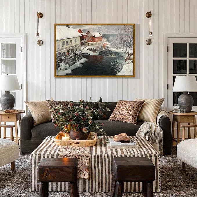 crmotu Framed Canvas Wall Art, Country Winter Scene Vintage Art Prints, Riverside Old Architecture Landscape Painting, Snow Scenery Rustic home Decor Living Room Bedroom, Farmhouse Wall Decor 20x30in