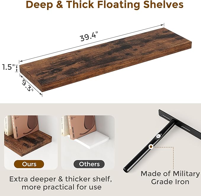 40 Inch Floating Shelvese, 40" W x 9.3" D Floating Shelf Set of 2, Farmhouse Wood Wall Shelves for Bedroom, Kitchen, Wall Mounted Deep Shelving for Home Decor, Rustic Brown Color