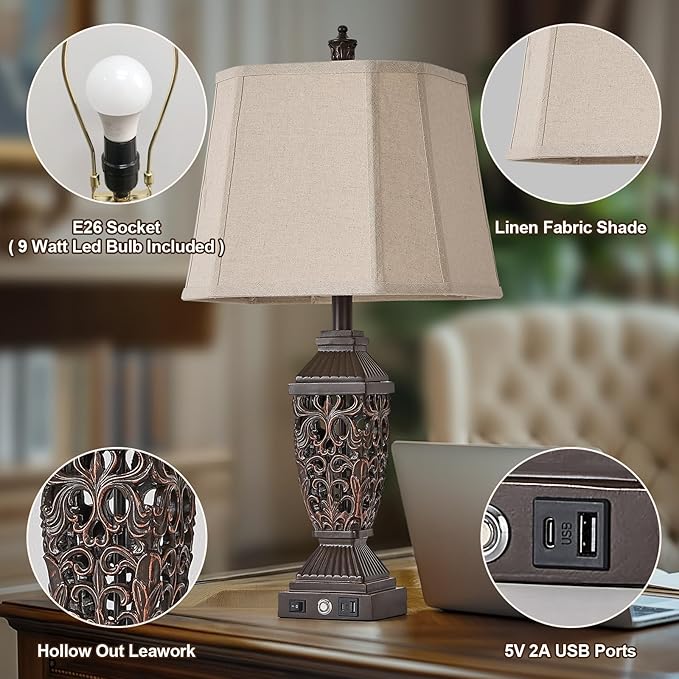 AIDENOEY 27.5“ Farmhouses Table Lamp with USB & USB-C Charging Ports, 3-Color Dimmable & Stepless Bottom Dimming, Touch Control & Switch, Vintage Bedside Lamp for Bedroom Living Room Office,(Brown)