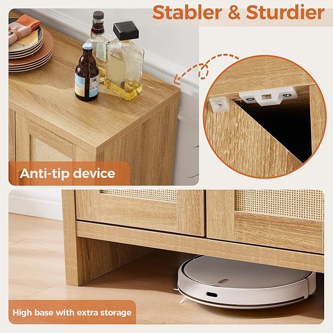 Rattan Buffet Cabinet with Storage, Sideboard Cabinet with Doors and Adjustable Shelves, Farmhouse Coffee Bar Station Table, Modern Wood Cupboard for Kitchen, Livingroom and Dining Room