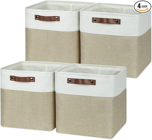 Temary Fabric Storage Baskets 12x12 Cube Bins 4 Pack Cloth Baskets for Shelf, Storage Cubes Bins Gift Empty (White&Khaki)
