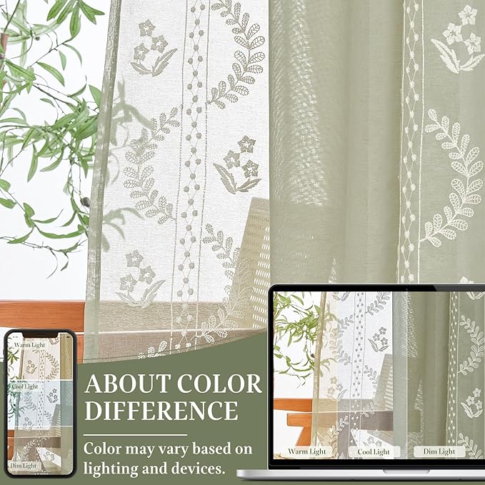 jinchan Belrose Sage Green Floral Sheer Curtains for Bedroom 63 Inch Long Voile Embroidered Farmhouse Curtains for Living Room Ivory Flower Patterned Rod Pocket Window Treatments, 2 Panels Green