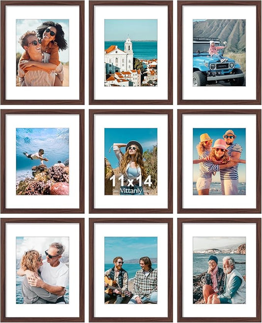 Vittanly 11x14 Picture Frames Set of 9, Shatter Resistant Plexiglass, Display 8x10 Pictures with Mat or 11x14 without Mat, Photo Frames for Wall or Tabletop, Engineered Wood, Walnut