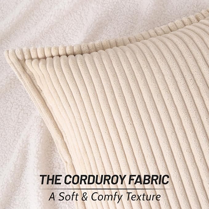 Mecatny Corduroy Throw Pillow Covers 12x20 Set of 2, Neutral Decorative Soft Boho Lumbar Couch Pillow Covers with Broadside for Sofa Living Room, Beige