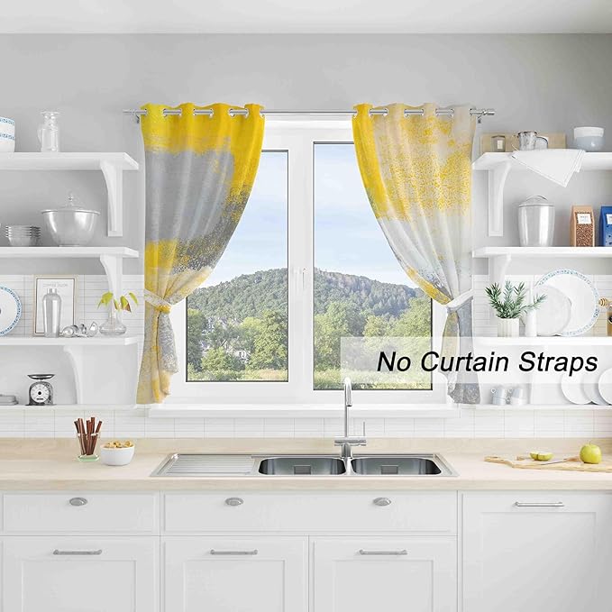 Yellow Window Curtain Yellow Grey Abstract Thermal Insulating Drapes Rust Art Treatment Drapes Modern Curtains for Living Room Bedroom Hotel, 26" x 36", 2 Panels