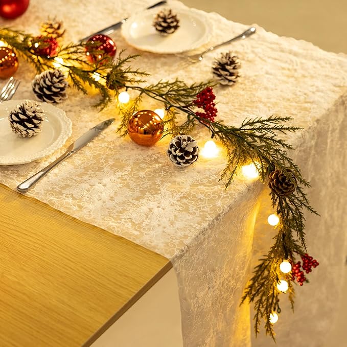 Christmas Garland with Lights, 6FT Artificial Red Berry Xmas Garland and Pine Cones, Battery Operated for Mantle, Front Door, Stairs Railing, Home Holiday, Indoor, Outdoor Decoration