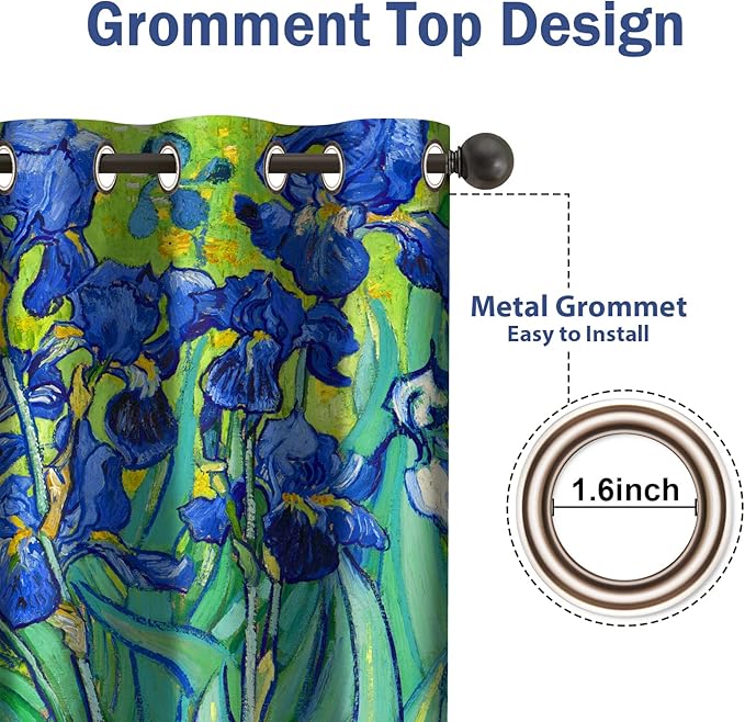 Jekeno Irises Blackout Curtains Blue and Purple Iris Flowers Floral Art Decor Home Bedroom Living Room Abstract Art Decoration Darkening Grommet Window Drapes 2 Panel Set, 52"x84"