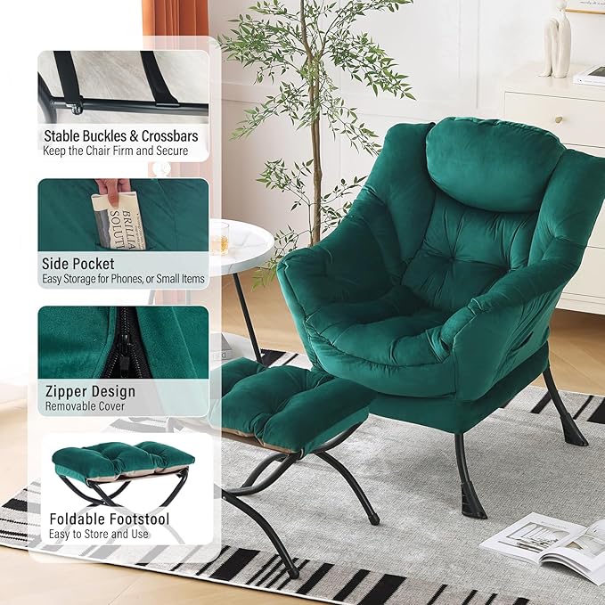 Oversized Chair with Ottoman, Modern Chair with Folding Footrest, Lounge Accent Chair, Comfortable Reading Chair for Bedroom, Study, Living Room, Courtyard (Velvet Dark Green