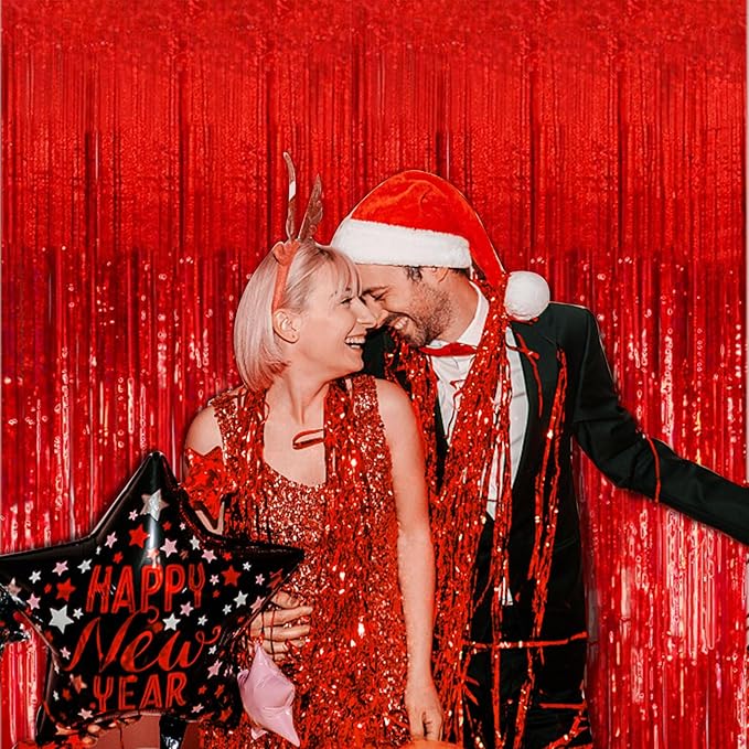 20 Pack Foil Curtain Backdrop Red Metallic Tinsel Foil Fringe Curtains Photo Booth Props for Birthday Wedding Engagement Baby Shower Bachelorette Christmas Holiday Celebration Party Decorations