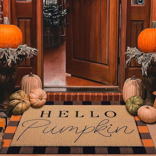 2 Pcs Halloween Door Mat Thanksgiving Hello Pumpkin Welcome Non Slip Coir Mats Fall Black Orange Buffalo Plaid Floor Layering Doormats Seasonal for Front Porch Entryway Decor(Black Orange)