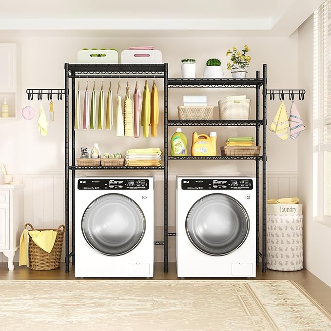 Ulif U5 Over the Washer and Dryer Storage Shelf, Laundry Room Space Saver Bathroom Storage and Organizer Rack for Hanging Towels and Drying Clothes with 5 Wire Shelves, 58.2"W x 13.4"D x 77.5"H, Black