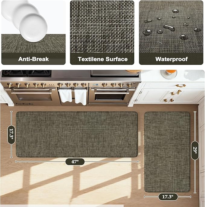 KIMODE Kitchen Mats Cushioned Anti Fatigue, Farmhouse Kitchen Rugs 17"x47"+17"x29", Non Slip Kitchen Mats for Floor, Padded Kitchen Floor Mats for Sink Laundry Office Desk Brown/Green