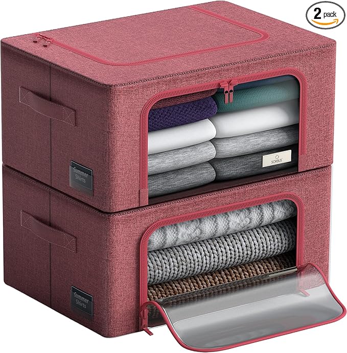 Sorbus Storage Bins with Metal Frame - Stackable & Foldable Clothes Organizer Bags - Oxford Fabric Storage Containers with Large Clear Window & Carry Handles, Bedroom Organization for Bedding & Linen