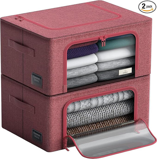 Sorbus Storage Bins with Metal Frame - Stackable & Foldable Clothes Organizer Bags - Oxford Fabric Storage Containers with Large Clear Window & Carry Handles, Bedroom Organization for Bedding & Linen