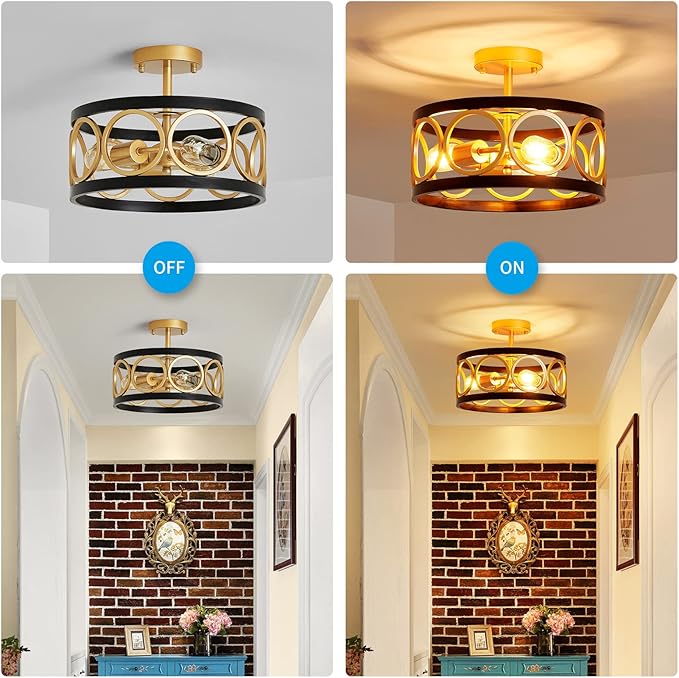 XINGQI 13" Modern Semi Flush Mount Ceiling Light Fixture, Black and Gold Drum Chandelier with Metal Shade Farmhouse Round Ceiling Lamp for Living Dining Room Bedroom