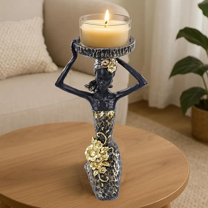 African Lady Figurine Candle Holder with African Tribal Totem for Wedding,Church,Holiday Decor-African Decorative Women Statues, Candlestick Holder for Home and Table Decor(404-Black)