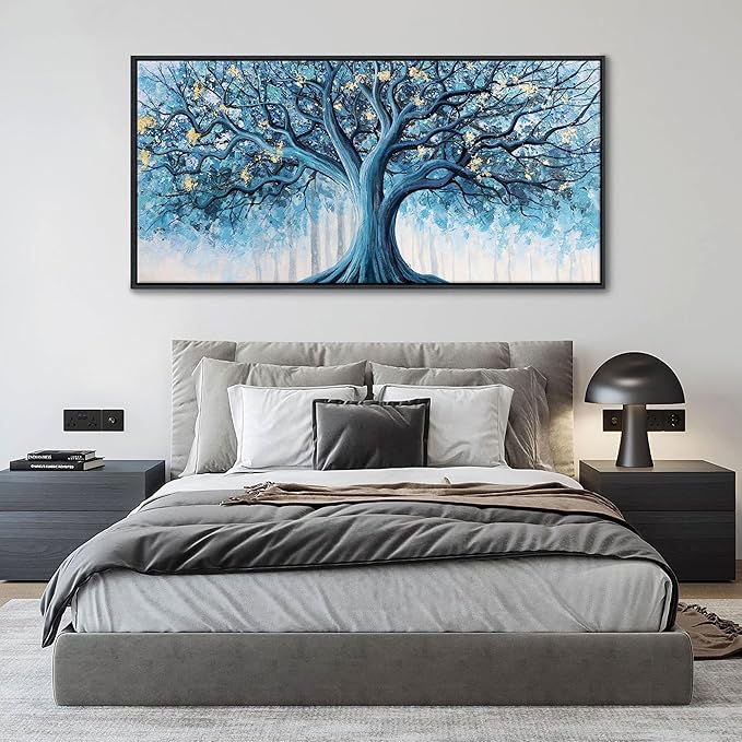 Navy Blue Canvas Wall Art - Blue and Gold Nature Wall Decor, Tree of Life for Bedroom Wall Art, Large Pictures for Living Room, Office, or Bedroom, Framed Landscape Artwork 29×58IN