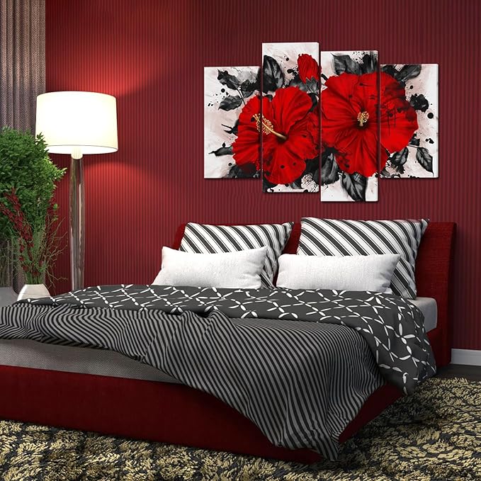 RnnJoile Hibiscus Wall Art Red Flower Canvas Wall Decor Tropical Hawaiian Painting Pictures for Bathroom Living Room Decor Framed