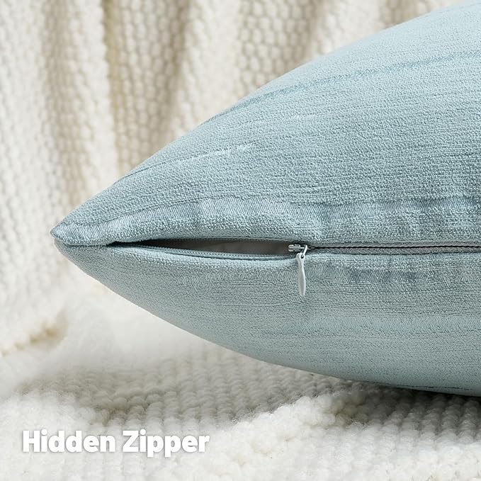 FUTEI Light Blue Chenille Decorative Throw Pillow Covers 16x16 Inch Set of 2,Soft Embossed Striped Textured Cushion Case,Modern Home Decor for Couch Bed Living Room