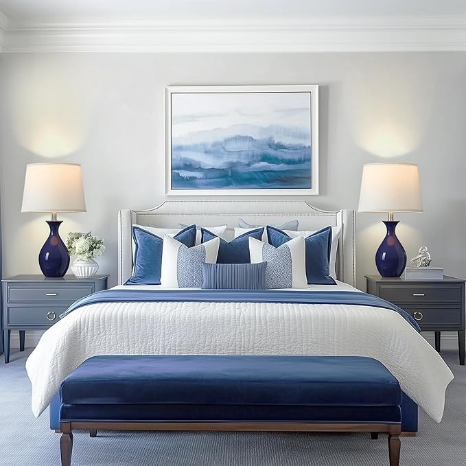 PARTPHONER Table Lamp Set of 2, Modern Ceramic Bedside Lamps for Night Stands, Classic Small Lamp Nightstand Lamp for Bedroom Living Room Desk End Table Rocker Navy Blue