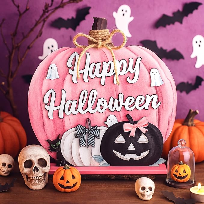 Soaoo Halloween Decoration Wooden Pink Pumpkin Sign Scary Pumpkin Table Decor 11 Inch Wooden Happy Halloween Desktop Ornament for Farmhouse Home Living Room Holiday Decor(Wash Pink, Scary)
