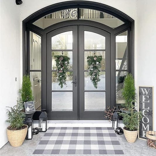 SEEKSEE Cotton Buffalo Plaid Rug 27.5"x43" Gray and White Checked Rug Washable Doormats Indoor Outdoor Rugs for Layered Front Door Mats, Porch, Kitchen, Farmhouse, Entryway