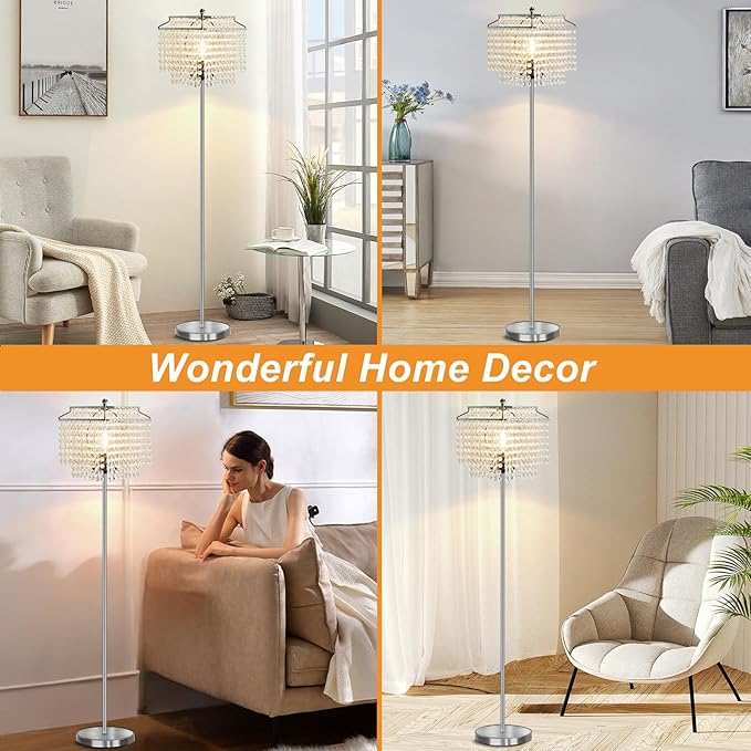 Luvkczc Crystal Floor Lamp, 64" Tall Modern Standing Lamps with Double-Layer Lampshade, On-Off Foot Switch, Silver Finish Pole Lamp for Living Room, Bedroom, Office, 8W Bulb Included